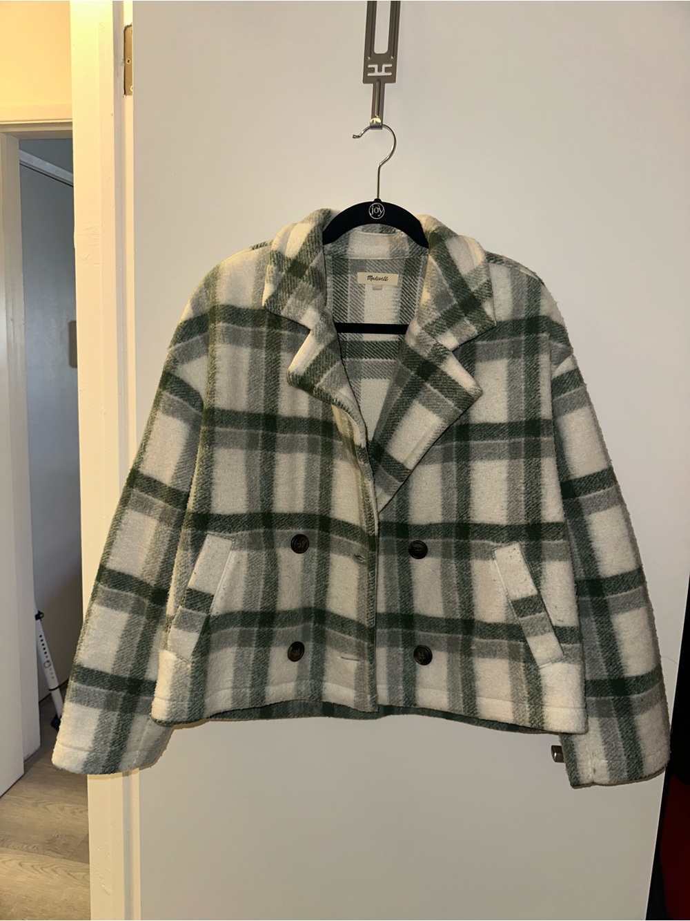 Madewell Green & White Plaid Cropped Peacoat